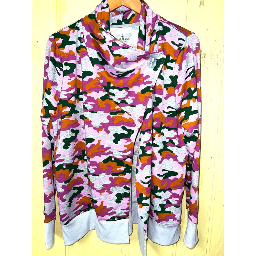Cuddl Duds Large Cardigan Sweatshirt Purple Pink Gray Camo Thumb Holes Top QVC - Picture 8 of 14